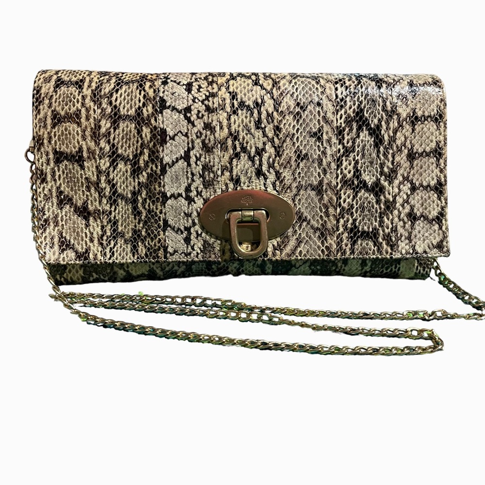 Mulberry snake skin clutch with chain
